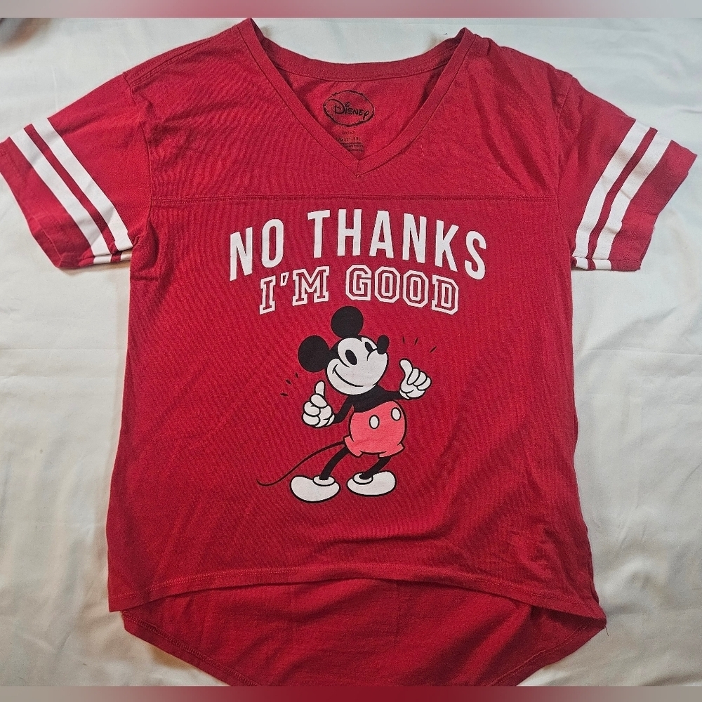 Disney Juniors Red Short Sleeve Mickey Mouse Pullover V-neck Top Size Large